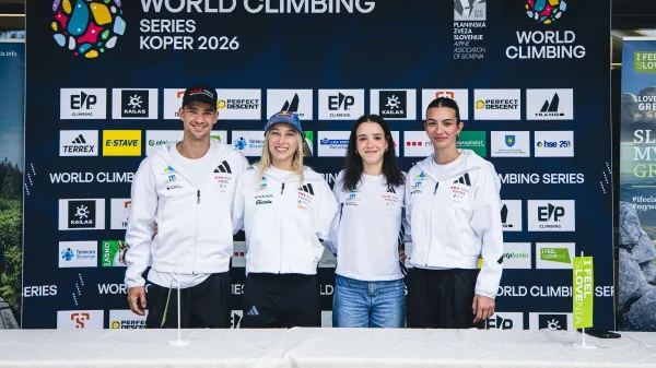 Tiskovna konferenca, svetovna serija &scaron;portno plezanje, Kra&scaron;ki rob, 1 september 2026 Luka Potočar, Janja Garnbret, Rosa Rekar in Lučka Rakovec