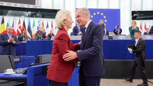 Canada's Prime Minister Mark Carney greets European Commission President Ursula von der Leyen after delivering a speech in the hemicycle at the European Parliament in Strasbourg, eastern France, on Thursday, September 17, 2026, during a visit in which he welcomed a proposal by European Commission President Ursula von der Leyen for Canada to become the 's first "associate member. On the same day, Carney rejected threats made by U.S. President Donald Trump over Ottawa's efforts to strengthen its ties with the. Photo by /UPI,Image: 1135726088, License: Rights-managed, Restrictions:, Model Release: no, Credit line: European Union/UPI/Profimedia