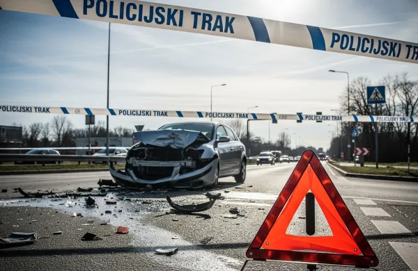 Prometna nesreča in zavarovano območje.Policijski trak označuje kraj dogodka.Opozorilni trikotnik ob cesti za varnost.