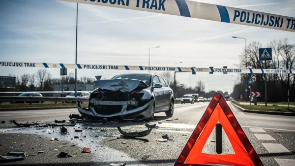 Prometna nesreča in zavarovano območje.Policijski trak označuje kraj dogodka.Opozorilni trikotnik ob cesti za varnost.