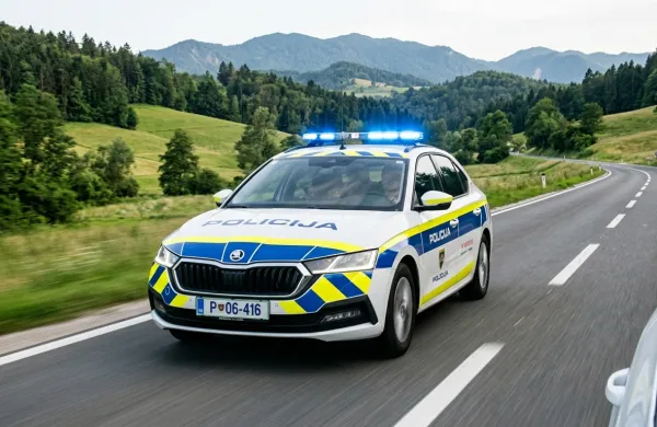 Slovensko policijsko vozilo med intervencijo na cesti.