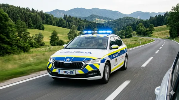 Slovensko policijsko vozilo med intervencijo na cesti.