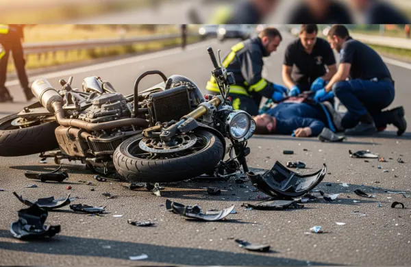 Prometna nesreča z motorjem.Poudarek na previdnosti v prometu.Vključene so posledice nepozornosti ali hitrosti.