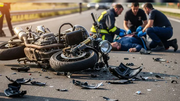 Prometna nesreča z motorjem.Poudarek na previdnosti v prometu.Vključene so posledice nepozornosti ali hitrosti.