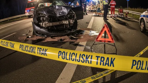prometna nesreča, policijski trak, po&scaron;kodovan avto, opozorilni trikotnik