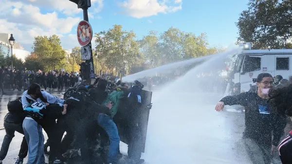 Police fire a water cannon at demonstrators in Place de la Bastille in Paris on Oct. 8, 2026, amid nationwide protests in France demanding more teachers and better facilities.,Image: 1141626311, License: Rights-managed, Restrictions:, Model Release: no, Credit line: Kyodo/Newscom/Newscom/Profimedia