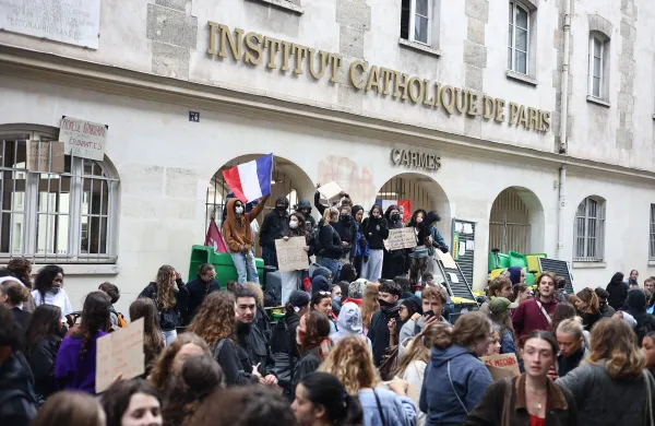 Students blocking campus of Catholic Institute of Paris (Institut Catholique de Paris) in Paris, on October 8, 2026 as they continue their protest to demand the hiring of substitute teachers, increased resources, and decent learning conditions.Catholic Institute of Paris Blockade - Paris, France - 08 Oct 2026,Image: 1141395718, License: Rights-managed, Restrictions:, Model Release: no, Credit line: Raphael/ABACA/Shutterstock Editorial/Profimedia