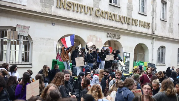 Students blocking campus of Catholic Institute of Paris (Institut Catholique de Paris) in Paris, on October 8, 2026 as they continue their protest to demand the hiring of substitute teachers, increased resources, and decent learning conditions.Catholic Institute of Paris Blockade - Paris, France - 08 Oct 2026,Image: 1141395718, License: Rights-managed, Restrictions:, Model Release: no, Credit line: Raphael/ABACA/Shutterstock Editorial/Profimedia