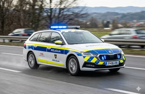 Slovensko policijsko vozilo med intervencijo na cesti.