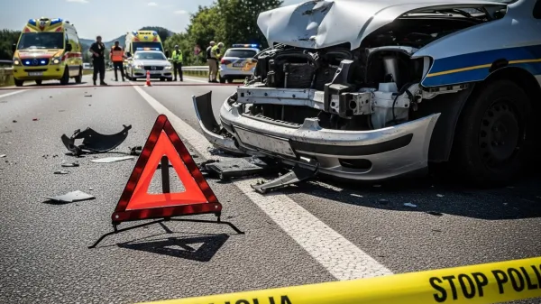 prometna nesreča, policijski trak, po&scaron;kodovan avto, opozorilni trikotnik