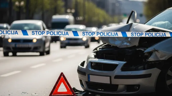 Prometna nesreča in zavarovano območje.Policijski trak označuje kraj dogodka.Opozorilni trikotnik ob cesti za varnost.