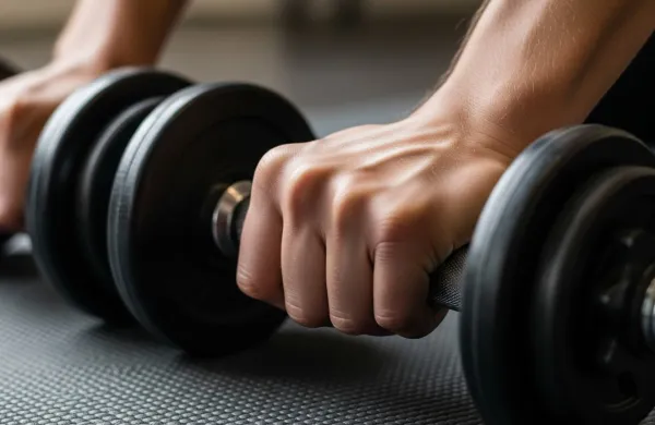 Fitnes vadba v telovadnici.Hantle v rokah pri treningu moči.Osredotočenost na gibanje in vadbo.